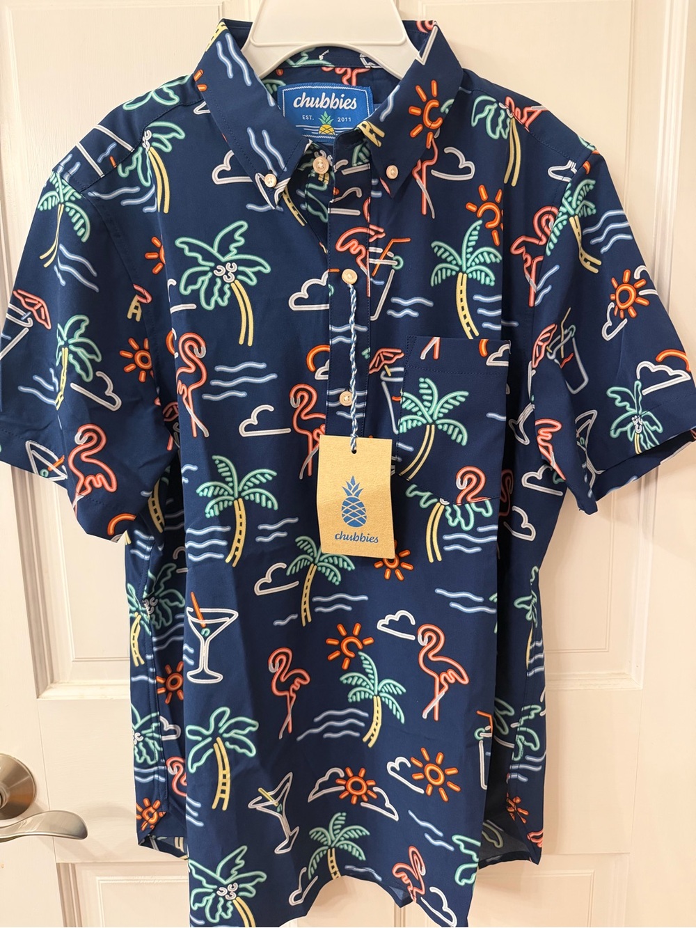 chubbies Navy Tropical Flamingo & Palm Short-Sleeve Button-Up